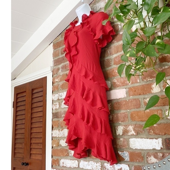 Bailey 44 Tiered Ruffled Shift Dress Red size medium short sleeve asymmetrical - Picture 3 of 9